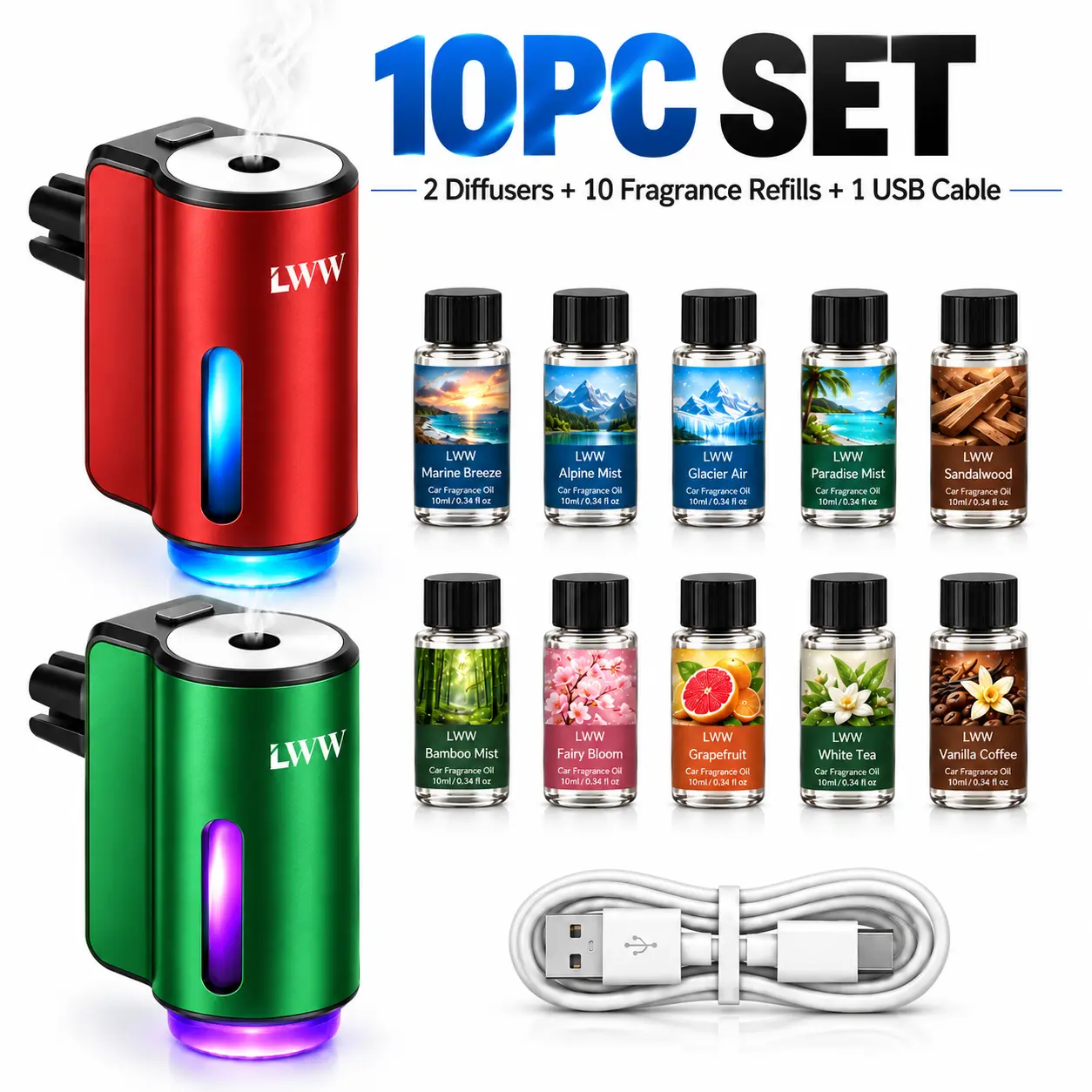 LWW Compact Modern Smart Car Air Freshener Set - Automotive Auto Accessories Interior, 2 Rechargeable Diffusers, 10 x 10mL Car Scents Refills, 3 Adjustable Scent Levels, Vent Clip Design, Up to 30-Day Battery Life