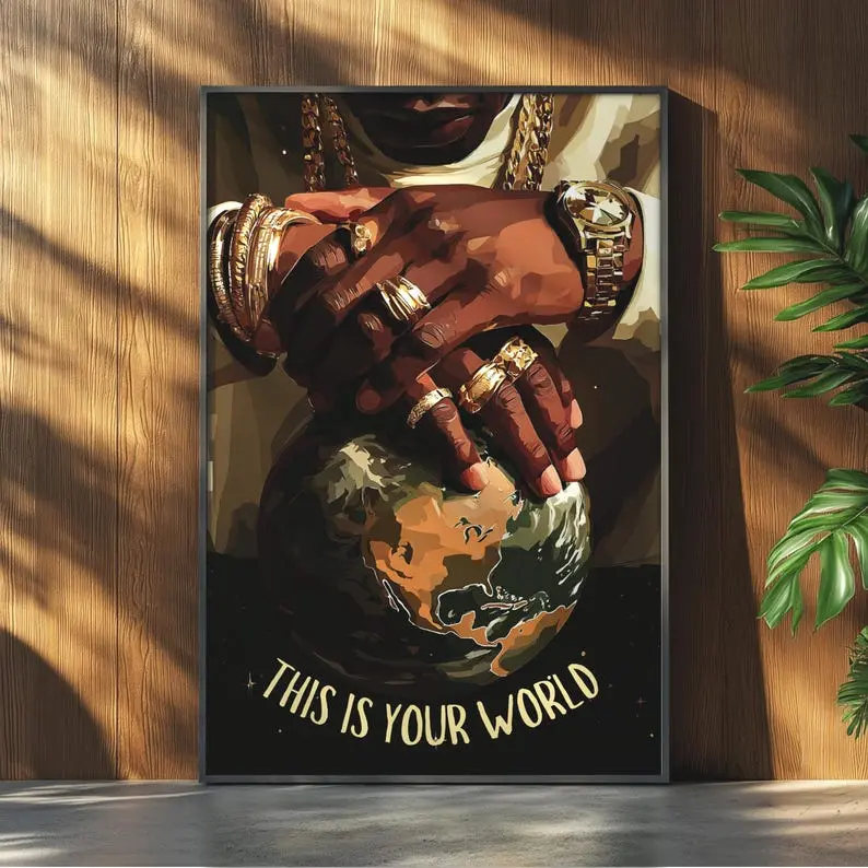 Black Man Hands Holding Earth Wall Art, Motivational Black Man Art, Wealth Mindset Canvas Print, Afrocentric Home Decor, African American Inspirational Poster