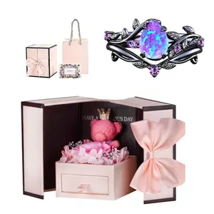 Unique Black Ring Set with Bear Gift Box Water Drop Imitation Opal Design Women's Engagement Ring & Birthday Gift Jewelry Accessory Durable Metal Coating Artificial Gemstone Bridal Elegance