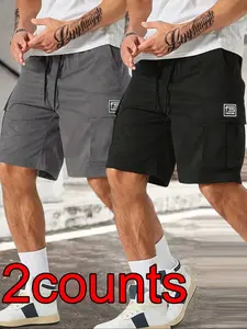 Men's Beach Sand Style Tropical Plain Multi-Pocket Workwear Waistband Drawstring Shorts Set, Stylish Casual Summer Clothing, Comfortable Breathable Fabric