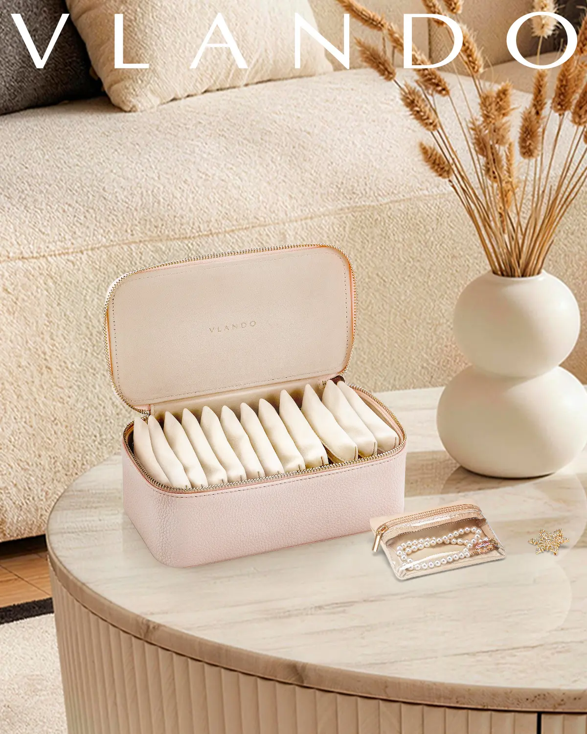 VLANDO Classic PU Leather Portable Jewelry Storage Box - 12 Zipper Pouches, Dustproof Eco-Friendly Organizer for Rings, Earrings, Necklaces - Great for Weddings & Trips, Home Use, Gift for Mothers (Pink)