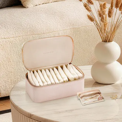 VLANDO Classic Durable PU Leather Rectangular Portable Jewelry Storage Box - 12 Zippered Storage Compartments, Dustproof Eco-Friendly Organizer with Velvet Pouches for Jewelry Organization, Great for Weddings & Trips, Daily Use (Pink)