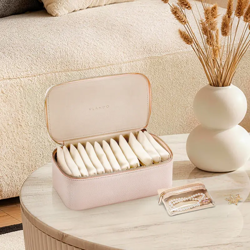 VLANDO Classic Durable PU Leather Rectangular Portable Jewelry Storage Box - 12 Zippered Storage Compartments, Dustproof Eco-Friendly Organizer with Velvet Pouches for Jewelry Organization, Great for Weddings & Trips, Daily Use (Pink)