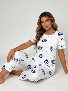 Minimalist Ins Style Women's Short Sleeve Long Pants Pajama Set, All Season Wearable, Evil Eye Star Print, Lightweight Cute Home Outfit