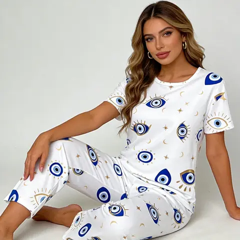 Minimalist Ins Style Women's Short Sleeve Long Pants Pajama Set, All Season Wearable, Evil Eye Star Print, Lightweight Cute Home Outfit, Loungewear