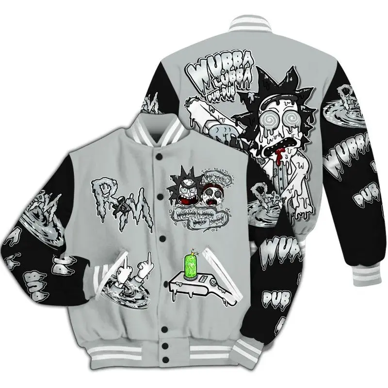 Black Wolf Grey 12s Match Varsity Jacket, Wubba Rick Drip Printed Baseball Jacket, Unisex Baseball Jacket, Varsity Style Sport Coat