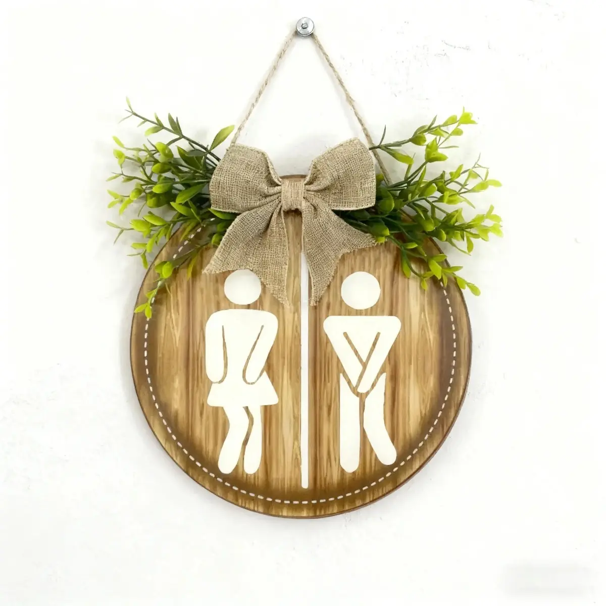 Round Hanging Toilet Sign, Rustic Farmhouse Style Decorative Plaque with Leaf Design and Beaded Hanger for Bathroom Decor, Decoration Items, Farmhouse Style Decor, Hangable, House Decor