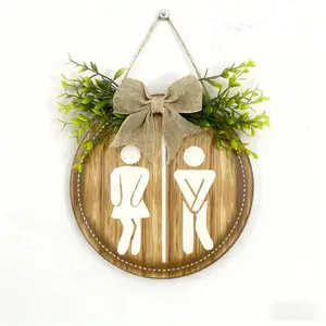 Rustic Toilet Sign Hanging Decor – Round Bathroom Door Plaque with Leaf Design