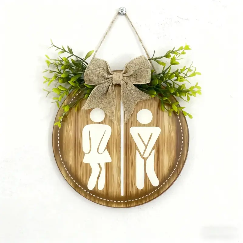 Metal Round Hanging Toilet Door Marker - Rustic Farmhouse Decor Sign, Leaf Design, Beaded Hanger, Home Decor Products, Hanging Bag Charm for Bathroom (Sports & Outdoor Accessories Compatible)