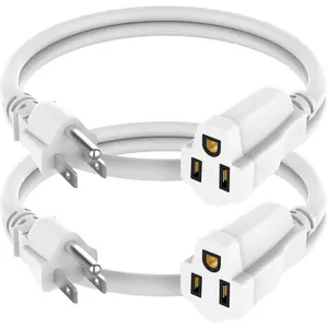 2 Pack Power Extension Cord 2FT/24Inch, Short 3 Prong Electric Extension  Outlet Saver, Single Outlet, Heavy Duty, , Flexible, 16 AWG, 13A 125V, Outdoor & Indoor Extender Wires(White)