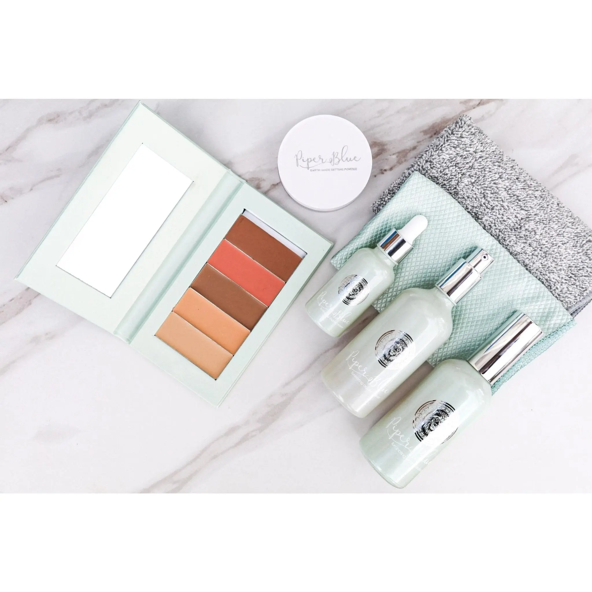 PiperBlue Organic Makeup Ultimate Radiance Cosmetic System - Smooth, Lightweight Compact Daily Set with Hydrating Cleanser, Nourishing Serum, Makeup Remover, Setting Powder, Blush for Flawless Blending (Choose Your Color), Five-In-One Makeup Sets, Cruelty