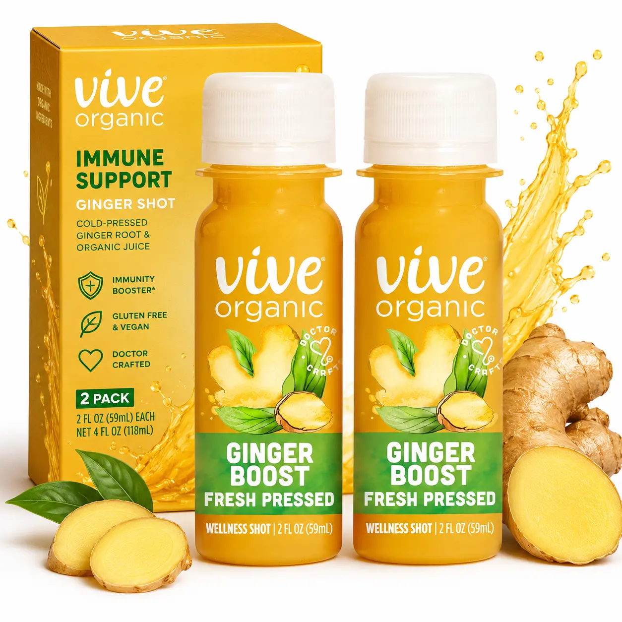 Vive Organic Immune Support Ginger Shot, Cold-Pressed Ginger Root & Organic Juice, Gluten Free, Vegan, Immunity Booster 2 Fl Oz (Pack of 2)
