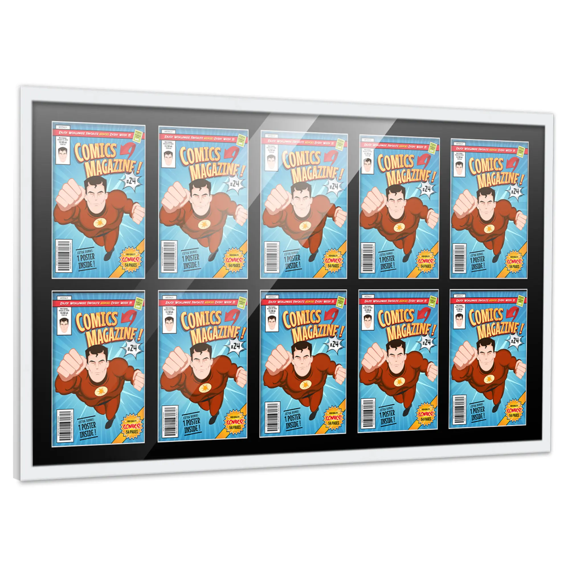 Comic Book Frame with Mat for 10 Silver Age Comics Published Between 1956 and 1970 - White Wood Comic Frame With Black Mat for 7.125x10.5 Comics - 44x25.75 Frame Size