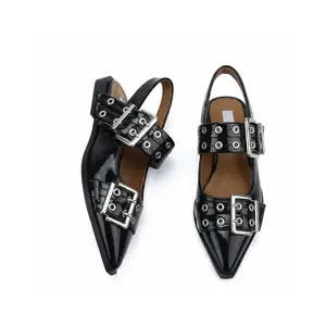 JEKO Women's Edgy Punk Patent Leather Pointed Toe Slingback Flats with Double Buckles, Trendy Grunge Y2K Rockstar Footwear for Night Out, Casual Outfits