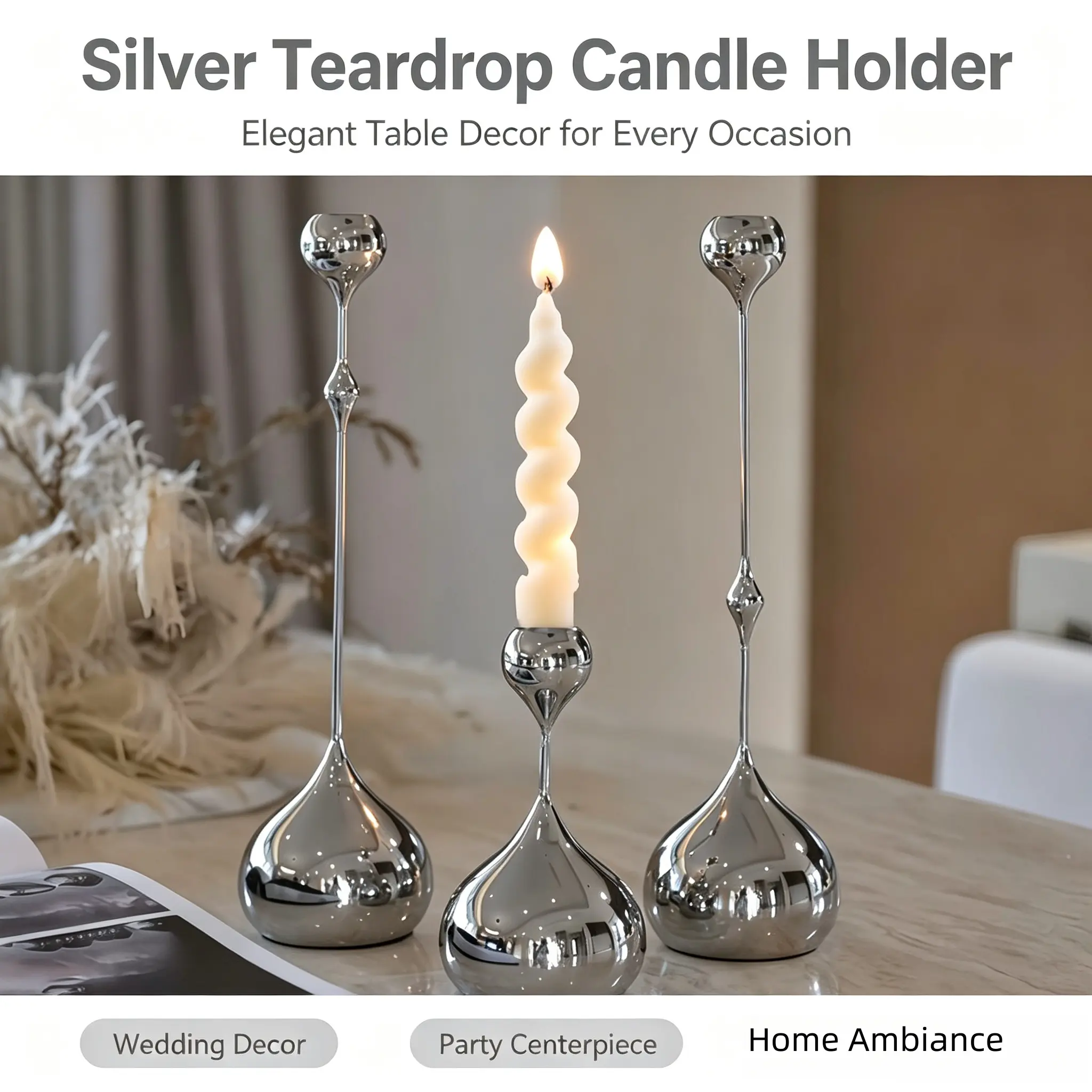 Silver Sparkling Waterdrop-Shaped Metal Tapered Candle Holders, 3-Piece Candle Stands, Modern Luxury Home Decor for Table Ornaments, Wedding Gift, Metal Candle Holders