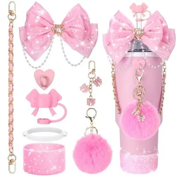 8-Piece Cute Sparkle Rhinestone Fabric Ultimate Pink Coquette Tumbler Accessories Set | 40oz Sports Water Bottle Compatible, Bow Straw Cover, Glitter Boot, Chain Charms, Summer Vibes Drink Protectors