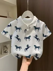 Boys' Polo Shirt with Horse Pattern, Birthday Gift, School Daily Wear, Weekend Outing, Summer Party, Fashion Casual Clothing