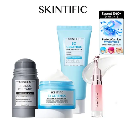 SKINTIFIC Daily Skincare Routine 4pcs - 5X Ceramide Low PH Cleanser + 5X Ceramide Moisture + Alaska Volcano Pore Purifying Clay Stick + Brightening Lip Serum