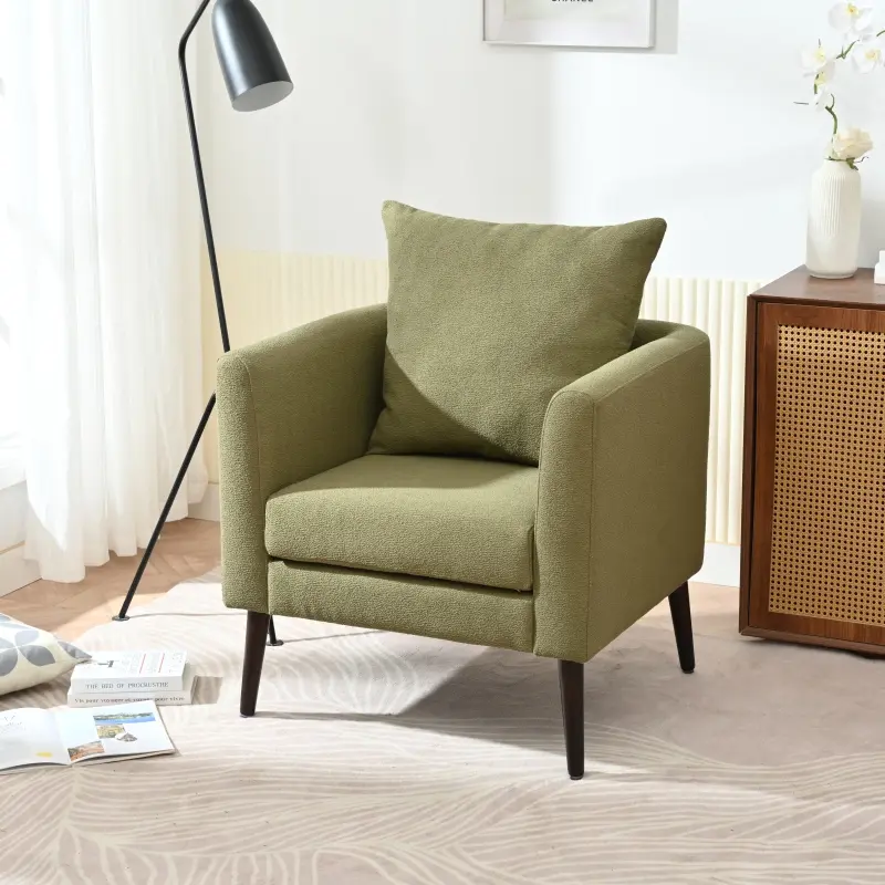 Modern Fabric Accent Chair, Upholstered Armchair for Living Room ,Mid Century Fabric Lounge Chair w/ Pillow, Comfortable Reading Chair with Wood Legs for Living Room, Bedroom,Reception Room (Olive)    RR