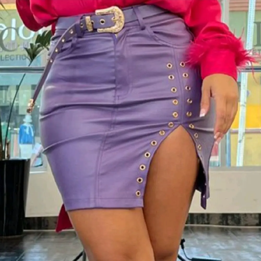 purple skirt leather