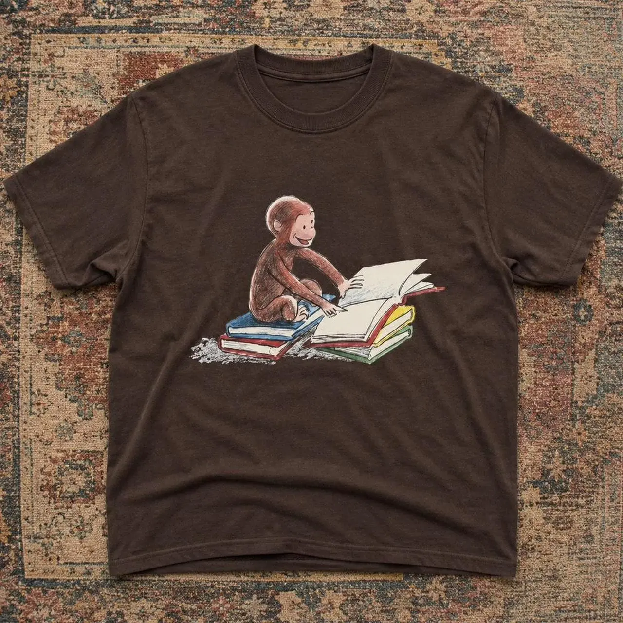 Curious George Reading Books Graphic T-Shirt, Cute Monkey Book Lover Tee, Reading Graphic Shirt, Kids Cartoon Fan Tee