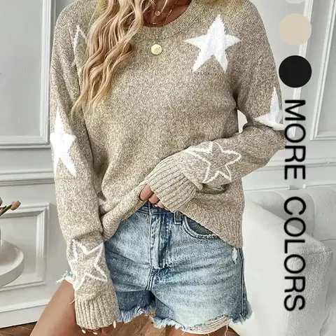 Women's Star Pattern Pullover Sweater, Knitwear, Fall Winter Knit Long Sleeve Top, Unique Design, Cute Style, Perfect for Casual Wear, Womenswear