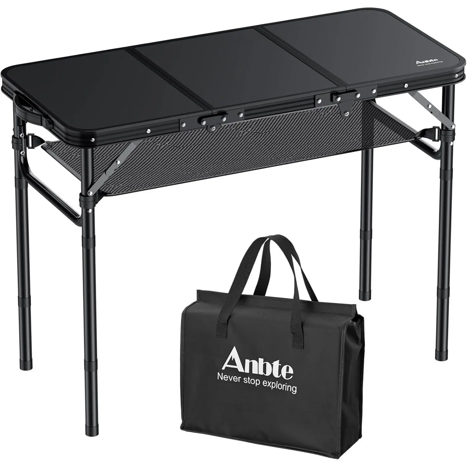 Anbte Folding Camping Table with Storage Net, 3ft Camping Table Aluminum Folding Table with 3 Adjustable Height Max 27.5 Inch Picnic Table Portable Table for Outdoor Backyard BBQ, Pure Black
