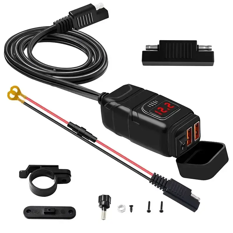 12V Motorcycle Dual USB Quick Charger QC3.0 Handlebar Fast Charging Waterproof Socket Adapter Digital Voltmeter on off Switch NONE