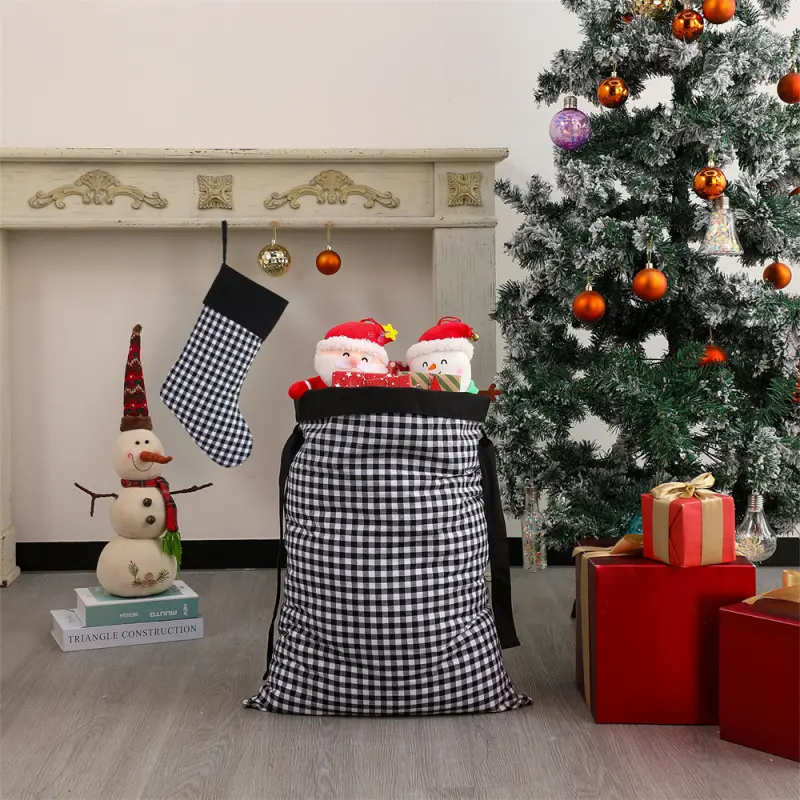 Extra Large Plaid Christmas Drawstring Bag – Canvas Gift Sack for Holiday Storage & Christmas Presents