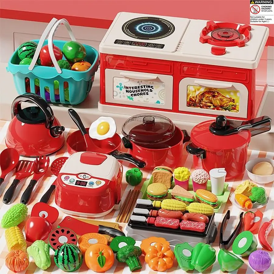 Realistic Kitchen Playset for Kids, Toddler Kitchen Playset, Educational Cooking Toy Set, Pretend Cooking Set with Various Foods/kitchen Utensils/dishes, Fake Stove, Lights & Spray, Childrens Cooking Set
