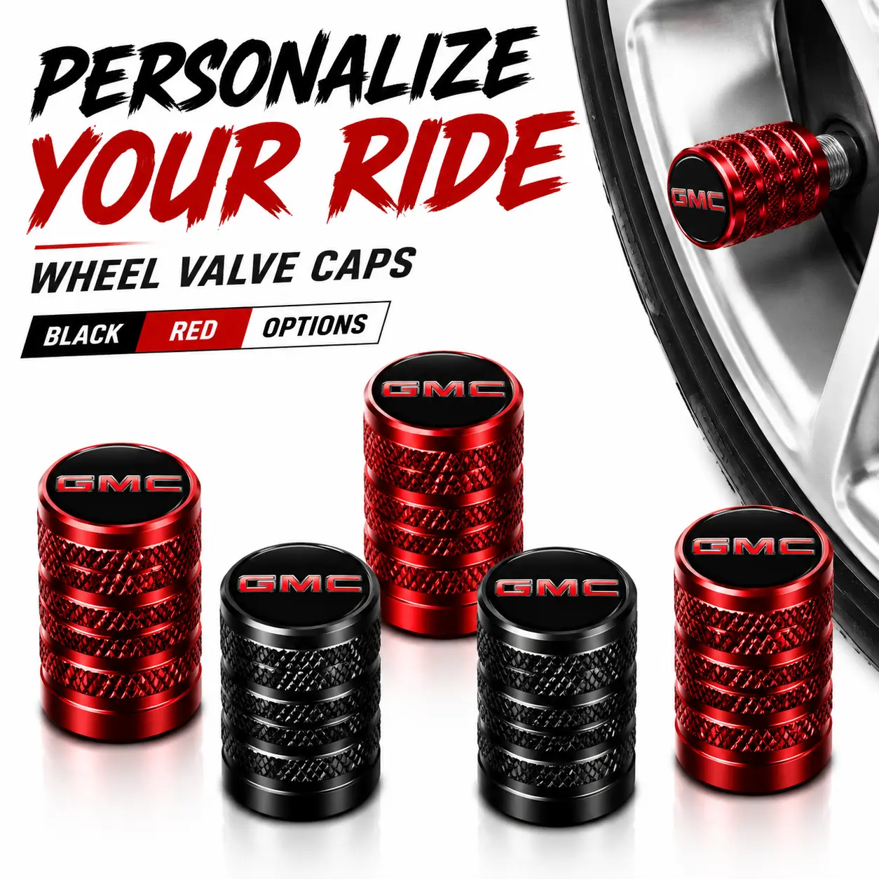 5-Pack Heavy-Duty GMC Logo Knurled Aluminium Valve Caps, Rubber O-Ring Leakproof Waterproof Anti-Corrosion Dustproof, TPMS-Safe for Sierra Yukon SUV/Pickup, Fits Schrader Valve Auto Wheel Mod Decor Parts