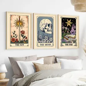 Set of 3 Sun Moon And Star Tarot Wall Art Prints, Astrology Canvas Posters, Celestial Wall Decor, Mystical Tarot Card Art, Modern Art Design, Ideal Gift For Home & Office, Unframed