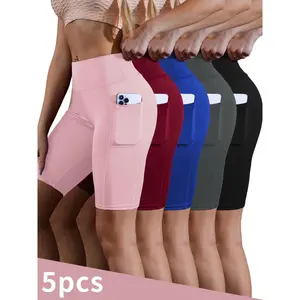 5pcs High Waist Athletic Yoga Shorts Soft Breathable Pocketed Stretchable Tight Fit Gym Wear for Daily Workout & Casual Use track bun shorts Gymshorts Activewear Womenswear Bottom