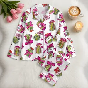Pickle Lover Pajama Set with Pink Bows, Satin Pajama Pickle Lover Bow Nightwear Women Gift, Sleepwear Pickle Set