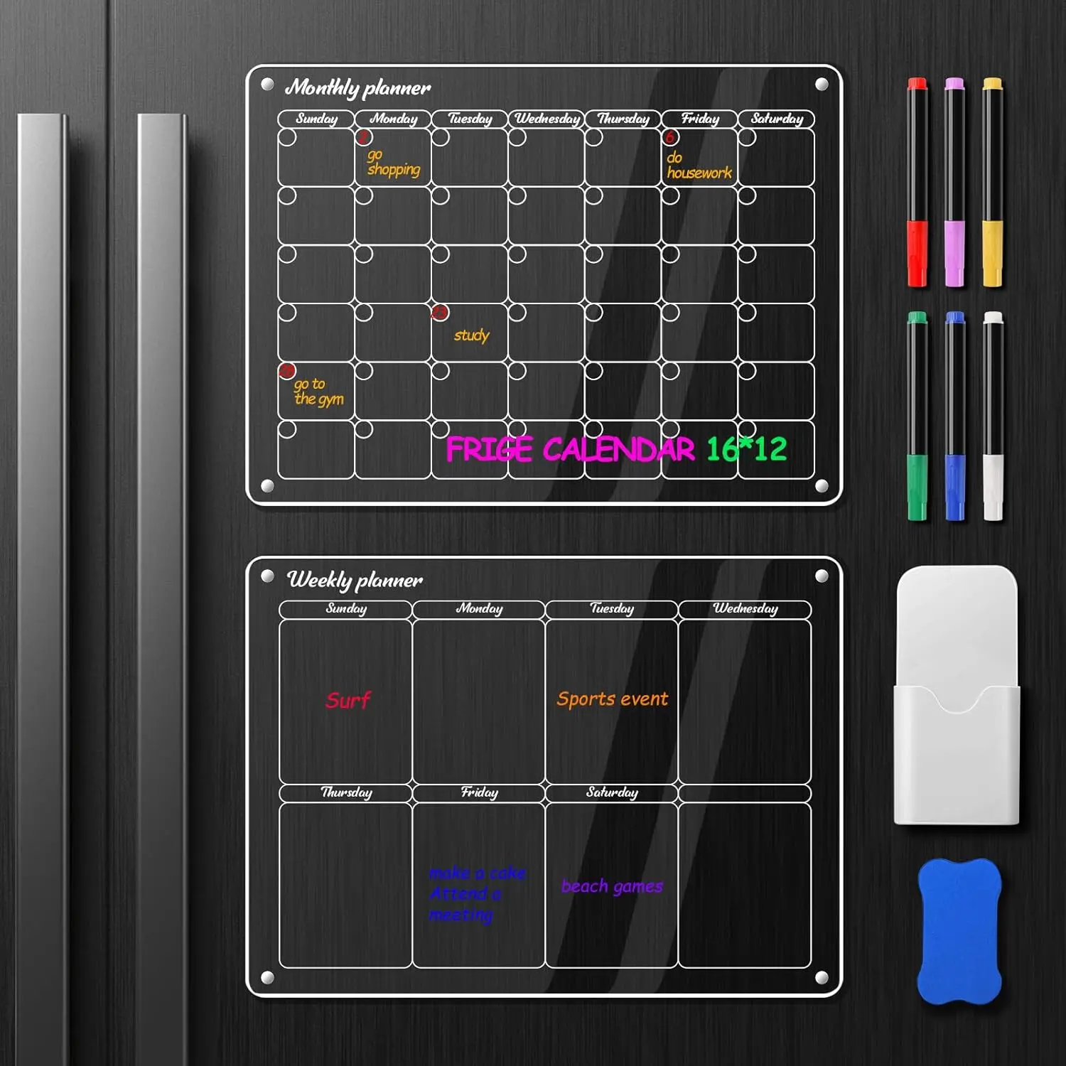 2 Pcs Acrylic Fridge Calendar 16”x12” Magnetic Acrylic Calendar for Fridge Monthly & Weekly Planner with 6 Markers in 3 Colors Reusable Calendar Dry Erase Board for Refrigerator Decor Kitchen Transparent stickers