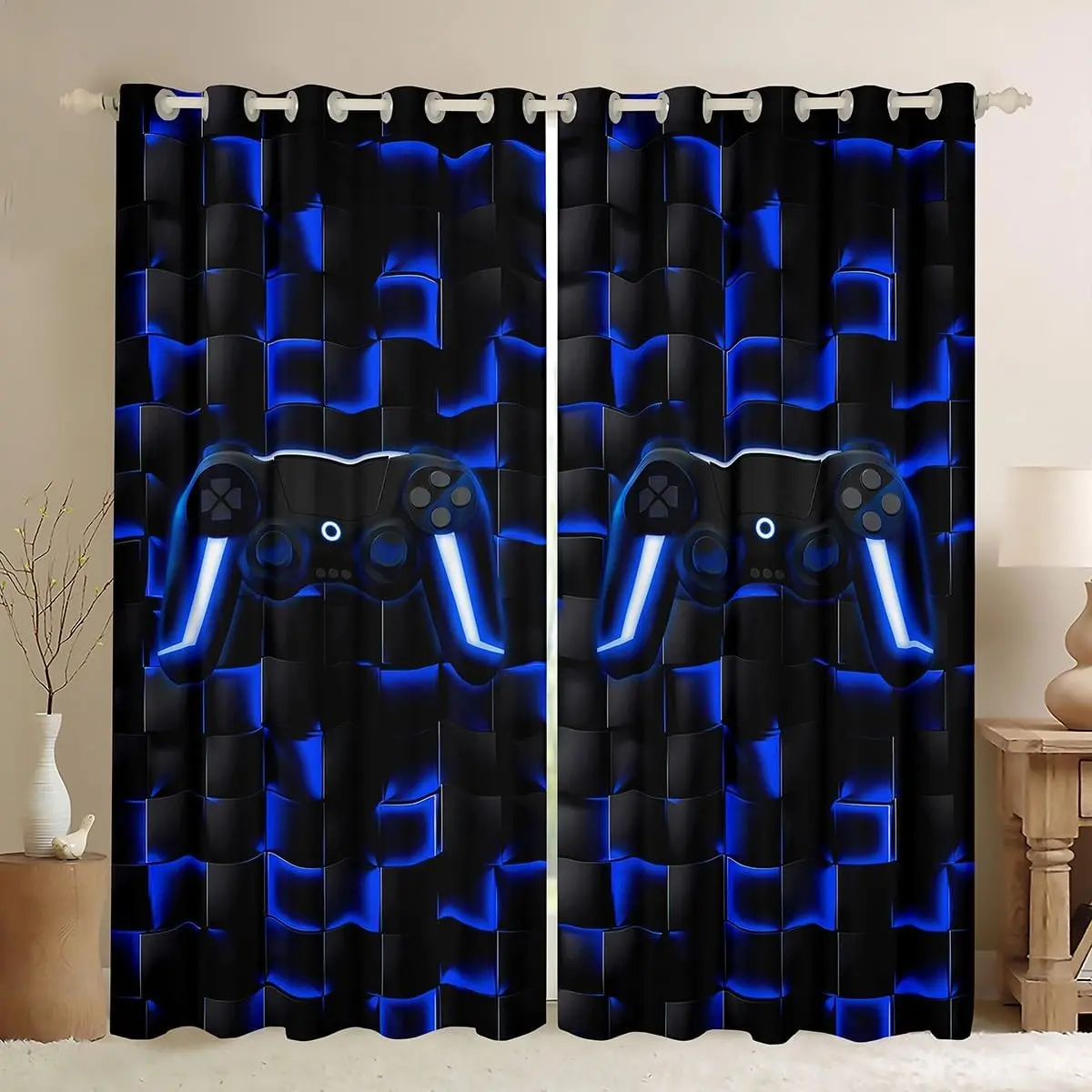 Feelyou Gamer Blackout Curtains - Home Decoration Curtain, 50% Darkening Privacy Grommet Drapes, Black Blue Neon Video Game Console Themed, Cool Checkered Gamepad Home Textile Window Treatment, Privacy Grommet Curtains