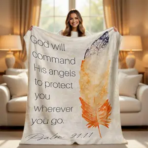 Cozy Angel Protection Throw - Graphic Angel Blanket with Aesthetic Bible Verses, Religious Scripture Linen for Bed/Sofa, Healing Inspirational Gift, Soft Textile, Angel Blankets, Graphic Blankets