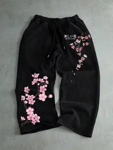 Men's Casual Sporty Long Pants, Sakura Pattern Print, Floral, Drawstring Wide Leg, Loose-Fitting, All Seasons, Men's Fashion Clothing