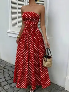 Women's Polka Dot Ruched Crop Top Dress, Sleeveless, Strapless, Vacation Summer Elegant Chic Style, Casual Sun Dress, Long Dress, Extra Long Dress, Polka Dot Dress, Casual Elegance Chic
