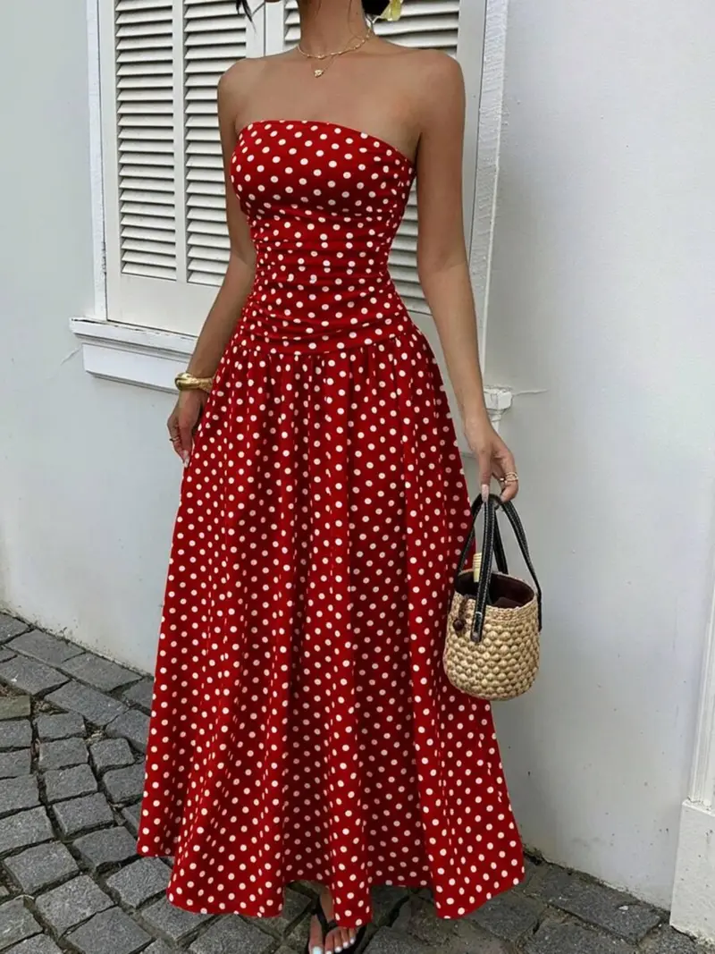 long dress polkadot Thank You & Goodbye Light Beige Polka Dot Maxi Dress