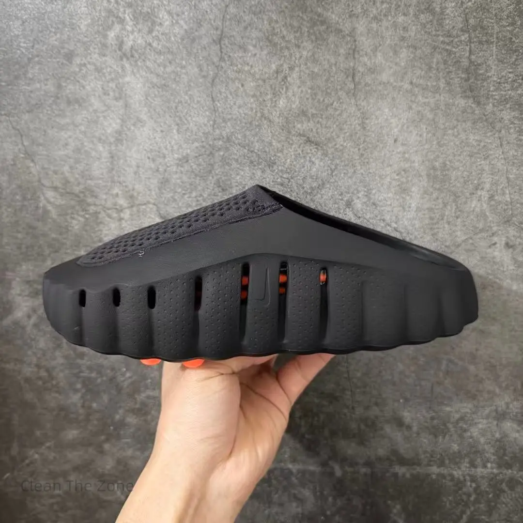 Matte Solid Black Integrated Soft EVA Foam Slip On Clogs Front Dot Perforated Insole & Side Long Hollow Vents Hidden Orange Round Raised Stud Cushion Sole Waterproof Casual Slides For Gym Pool Beach Daily Wear