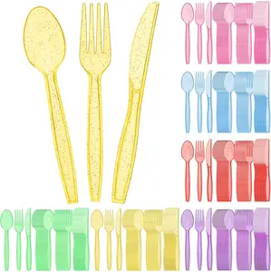 180 Pieces Glitter Plastic Silverware Set Red Green Colorful Disposable Clear Plastic Cutlery Flatware for Party 60 Knives 60 Spoons 60 Fork for Party Birthday Supplies(Multicolor)