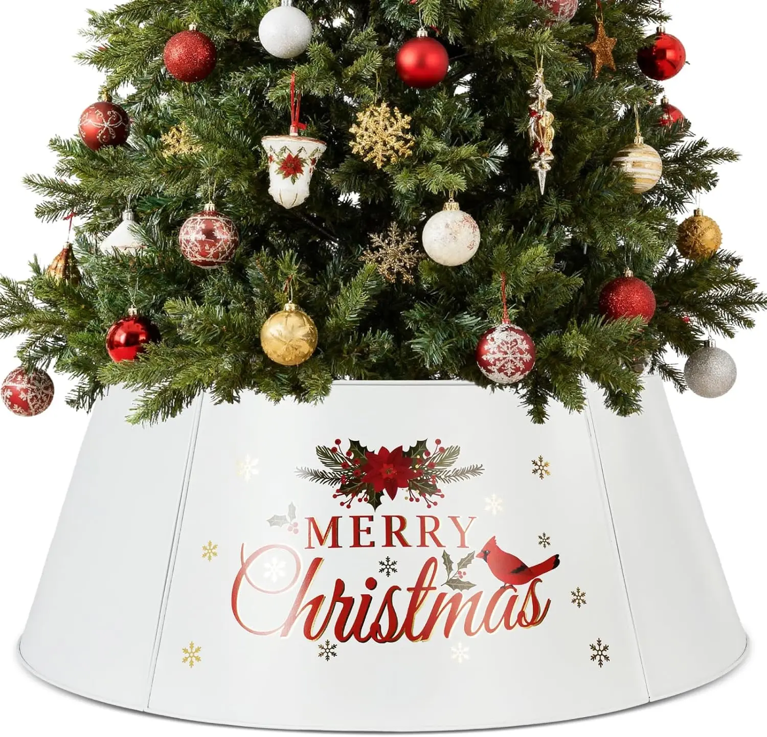 27in White Metal Christmas Tree Collar for 7.5 Ft Tree, Adjustable Farmhouse Tree Ring Basket, Holiday Tree Base Cover, Rustic Christmas Tree Stand Collar, Seasonal Tree Skirt Alternative