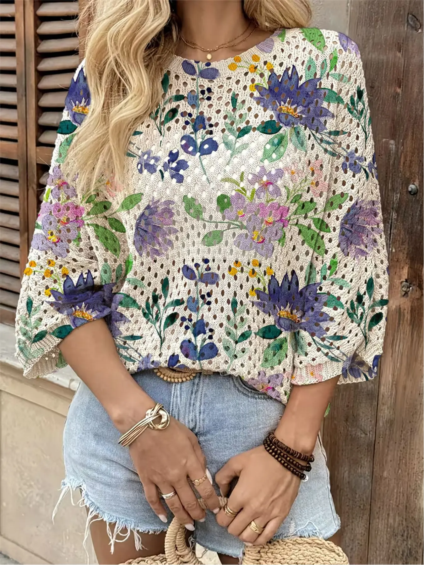 Spring/Summer style, crew neck hollow-out loose batwing sleeve cardigan, floral and botanical print women's knit top, vacation style, casual for commuting, women's vest cardigan, Knit cardigans, bikini cover-up, beach cover-up, Knitwear