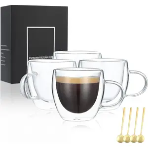 Espresso Cups Set Of 4,Double Wall 5OZ Hand Blown coffee Shots Glass,Espresso Coffee Mugs In  Box, For Espresso,Latte,Cappuccinos, Bag,Juice
