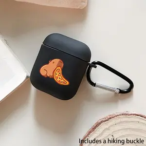 Adorable Capybara with Pizza Design Earphone Case with Hiking Buckle, Cute Animal Pattern Shockproof Anti-fall  TPU Cover for AirPods 1/2, 3, Pro, Pro2