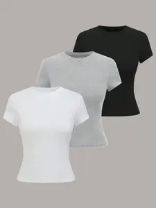 Womens Classic Fitted T-Shirt 3-Pack - Women's Solid Color Crew Round Neck Basics in White, Grey & Black for Women - Tops, Womenswear