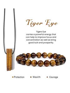 Handmade Tiger Eye Stone Beaded Necklace Set, Concentration, Focus, Good Luck, Prosperity, Includes Inspirational Pocket Blessing Cards, Fashionable Elastic Bracelet, Unisex Gift