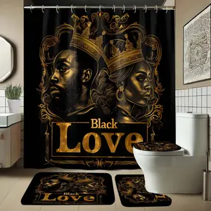 Prince Princess Pattern Waterproof Shower Curtain Set, Includes Rug and Hooks, Non-Slip Bath Mat, U-Shaped Toilet Lid Cover, Bathroom Decor