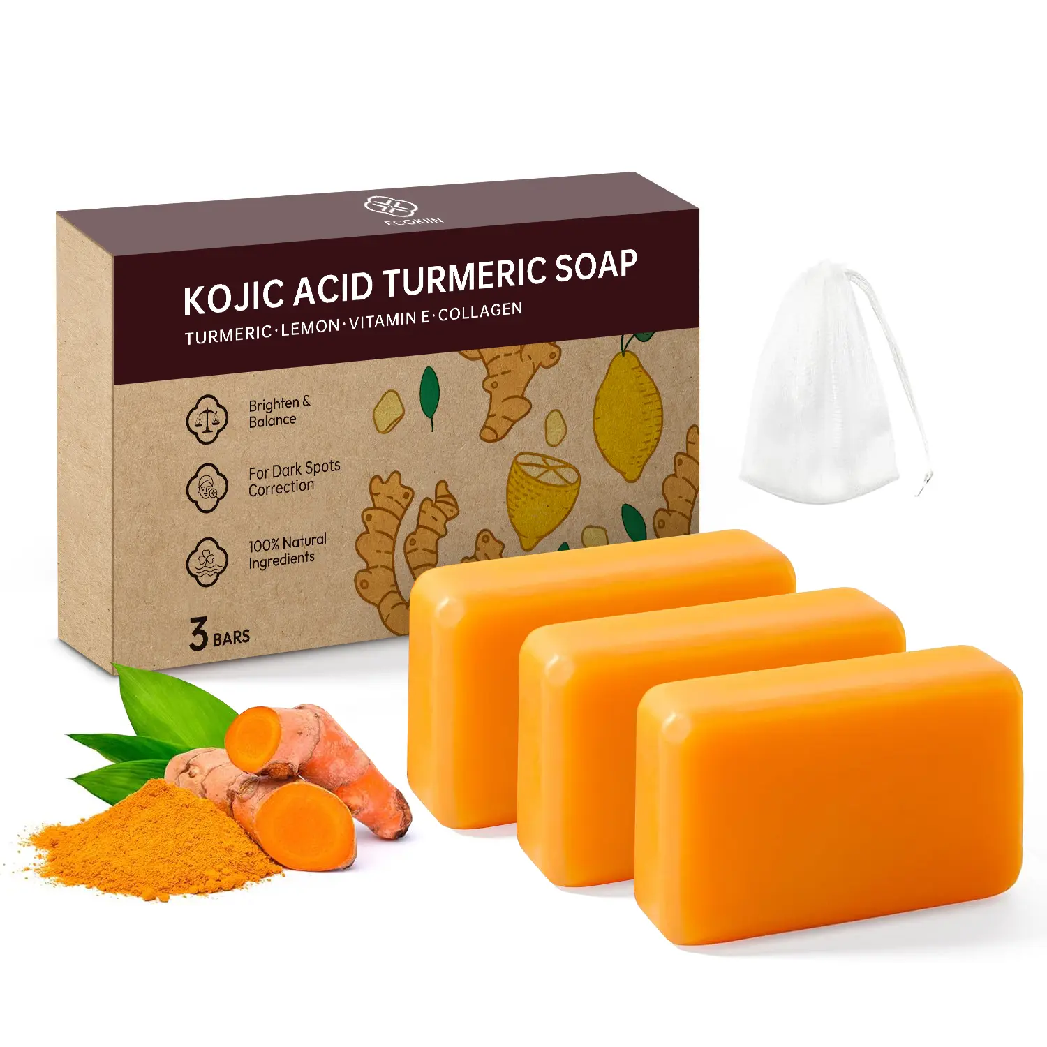 3 Bars Lemon Turmeric Kojic Acid Soap Bar – For Dark Spots, Face & Body Cleansing, Moisturizing with Collagen & Vitamin E – 100% Natural Extracts, Gentle for All Skin Types